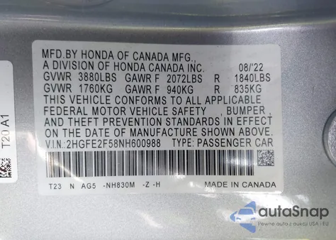 2022 Honda Civic Sport z USA, uszkodzony, nr VIN 2HGFE2F58NH600988